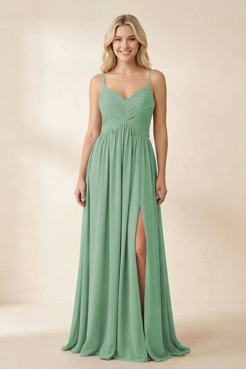 Cami Strap Chiffon A - Line Bridesmaid Dress with Slit in Sea Glass - KissProm Bridesmaid Dresses