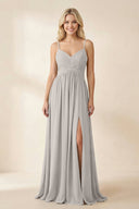 Cami Strap Chiffon A - Line Bridesmaid Dress with Slit in Silver - KissProm Bridesmaid Dresses