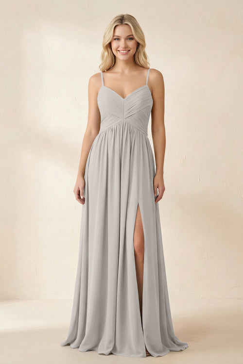 Cami Strap Chiffon A - Line Bridesmaid Dress with Slit in Silver - KissProm Bridesmaid Dresses