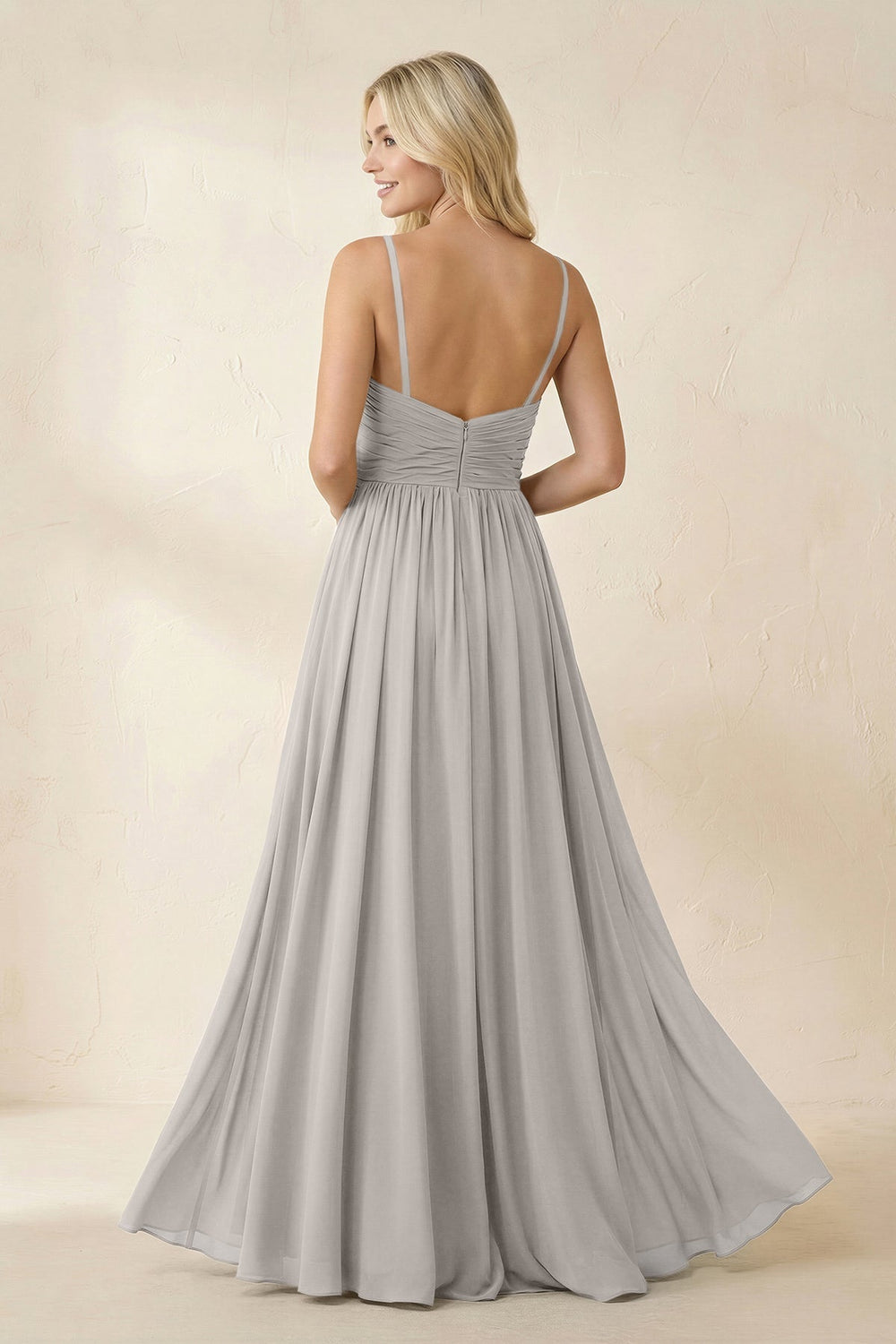 Cami Strap Chiffon A - Line Bridesmaid Dress with Slit in Silver - KissProm Bridesmaid Dresses
