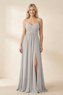 Cami Strap Chiffon A - Line Bridesmaid Dress with Slit in Silver - KissProm Bridesmaid Dresses