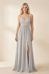 Cami Strap Chiffon A - Line Bridesmaid Dress with Slit in Silver - KissProm Bridesmaid Dresses