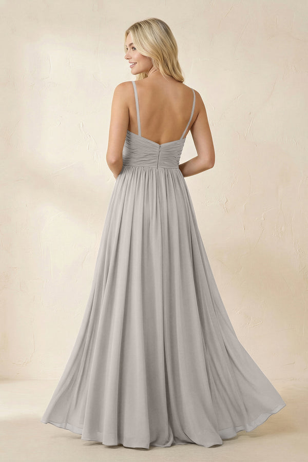 Cami Strap Chiffon A - Line Bridesmaid Dress with Slit in Silver - KissProm Bridesmaid Dresses