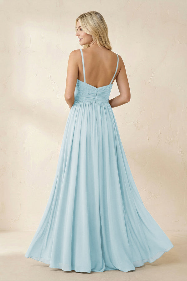 Cami Strap Chiffon A - Line Bridesmaid Dress with Slit in Sky Blue - KissProm Bridesmaid Dresses
