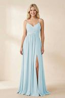 Cami Strap Chiffon A - Line Bridesmaid Dress with Slit in Sky Blue - KissProm Bridesmaid Dresses