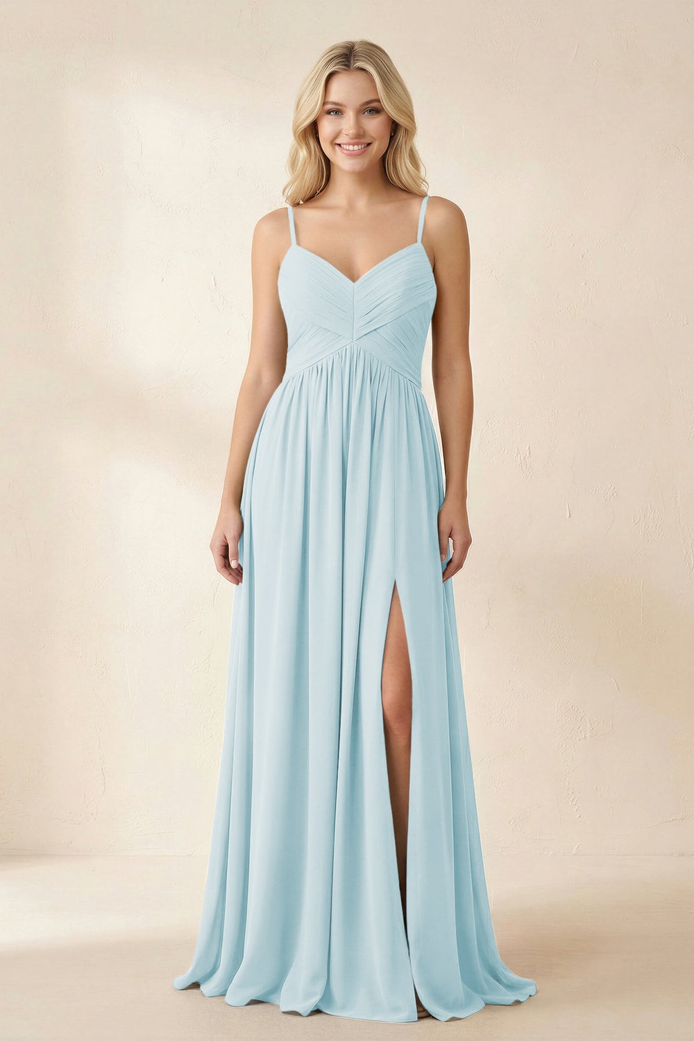 Cami Strap Chiffon A - Line Bridesmaid Dress with Slit in Sky Blue - KissProm Bridesmaid Dresses