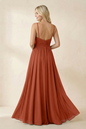 Cami Strap Chiffon A - Line Bridesmaid Dress with Slit in Spice - KissProm Bridesmaid Dresses