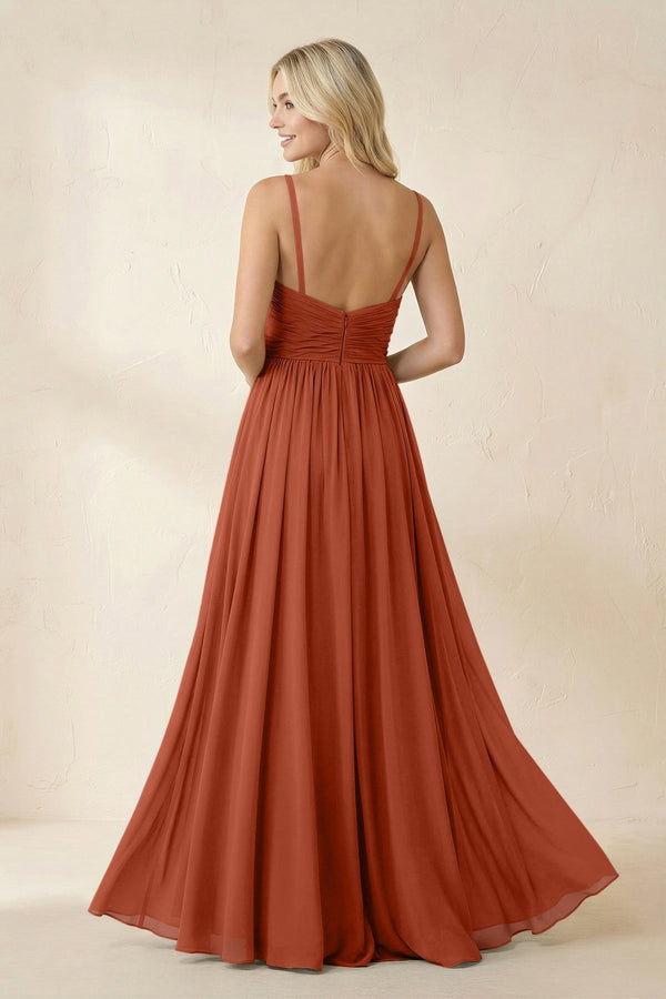 Cami Strap Chiffon A - Line Bridesmaid Dress with Slit in Spice - KissProm Bridesmaid Dresses