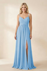 Cami Strap Chiffon A - Line Bridesmaid Dress with Slit in Steel Blue - KissProm Bridesmaid Dresses