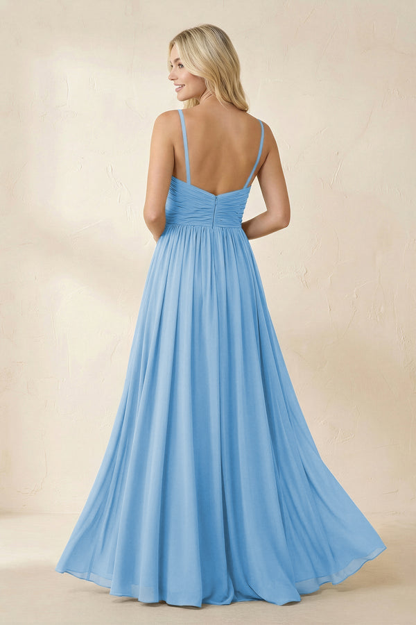 Cami Strap Chiffon A - Line Bridesmaid Dress with Slit in Steel Blue - KissProm Bridesmaid Dresses