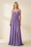 Cami Strap Chiffon A - Line Bridesmaid Dress with Slit in Tahiti - KissProm Bridesmaid Dresses