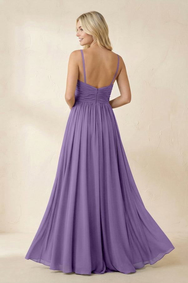 Cami Strap Chiffon A - Line Bridesmaid Dress with Slit in Tahiti - KissProm Bridesmaid Dresses