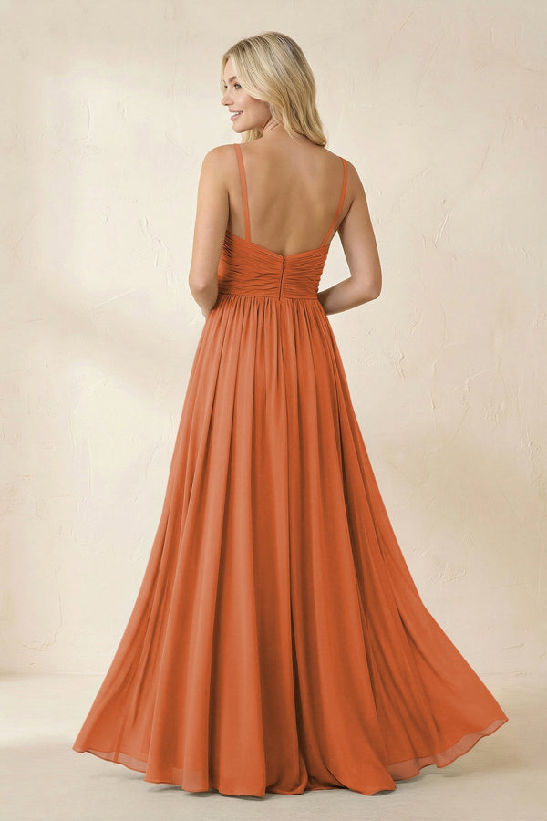 Cami Strap Chiffon A - Line Bridesmaid Dress with Slit in Terracotta - KissProm Bridesmaid Dresses