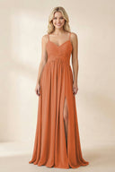 Cami Strap Chiffon A - Line Bridesmaid Dress with Slit in Terracotta - KissProm Bridesmaid Dresses