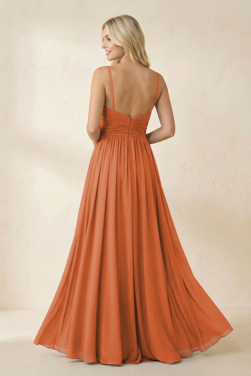 Cami Strap Chiffon A - Line Bridesmaid Dress with Slit in Terracotta - KissProm Bridesmaid Dresses