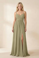 Cami Strap Chiffon A - Line Bridesmaid Dress with Slit in Thyme - KissProm Bridesmaid Dresses