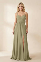 Cami Strap Chiffon A - Line Bridesmaid Dress with Slit in Thyme - KissProm Bridesmaid Dresses