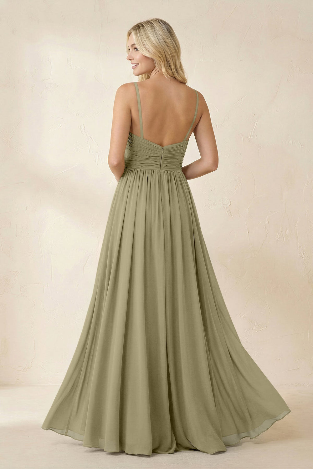 Cami Strap Chiffon A - Line Bridesmaid Dress with Slit in Thyme - KissProm Bridesmaid Dresses