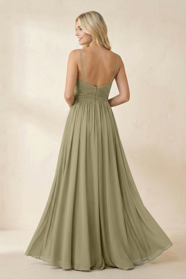 Cami Strap Chiffon A - Line Bridesmaid Dress with Slit in Thyme - KissProm Bridesmaid Dresses