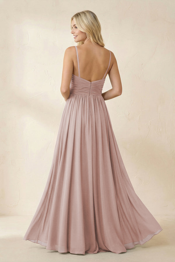 Cami Strap Chiffon A - Line Bridesmaid Dress with Slit in Toffee - KissProm Bridesmaid Dresses