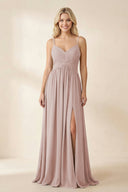 Cami Strap Chiffon A - Line Bridesmaid Dress with Slit in Toffee - KissProm Bridesmaid Dresses
