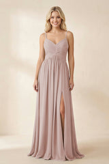 Cami Strap Chiffon A - Line Bridesmaid Dress with Slit in Toffee - KissProm Bridesmaid Dresses