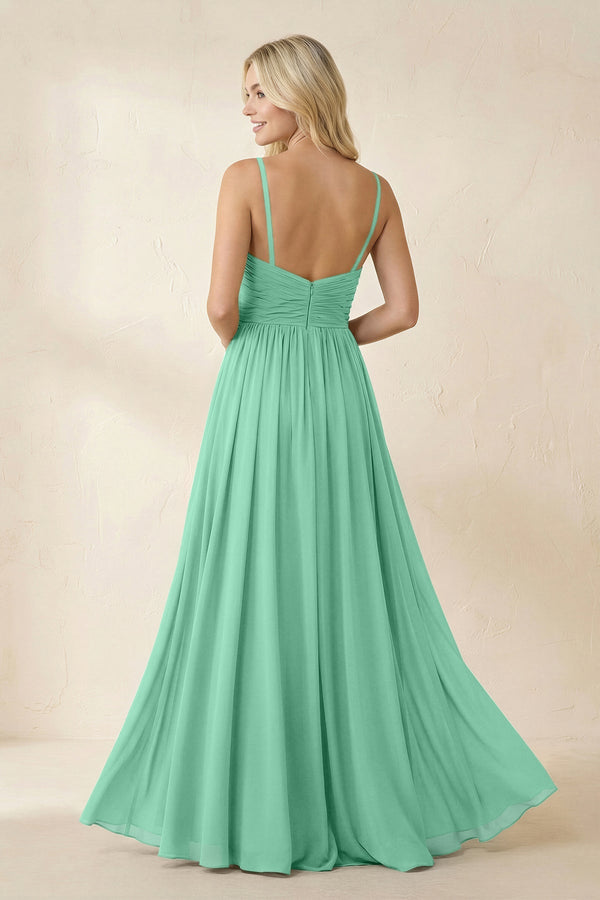 Cami Strap Chiffon A - Line Bridesmaid Dress with Slit in Turquoise - KissProm Bridesmaid Dresses