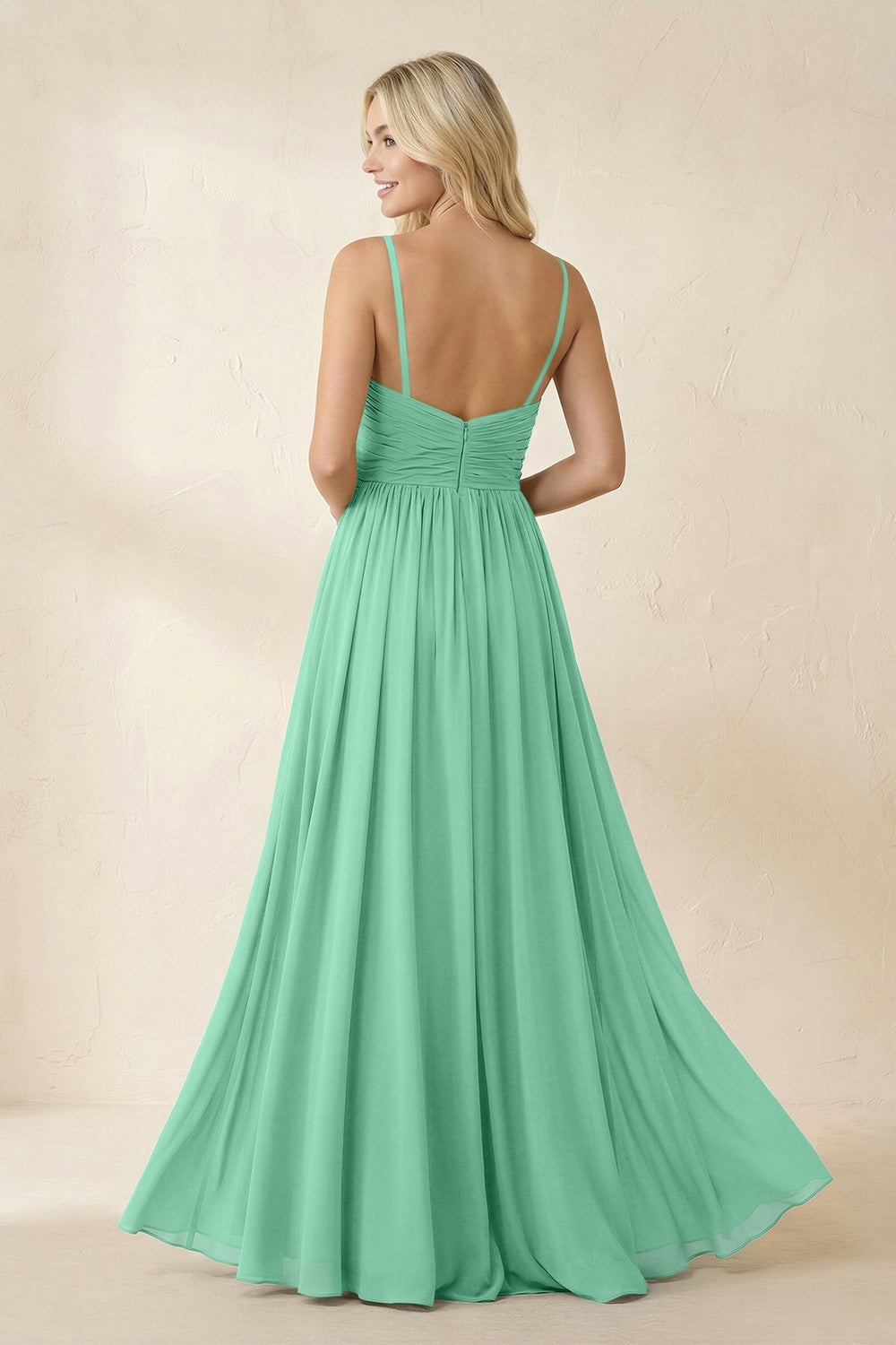 Cami Strap Chiffon A - Line Bridesmaid Dress with Slit in Turquoise - KissProm Bridesmaid Dresses