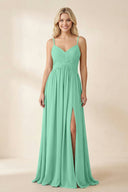 Cami Strap Chiffon A - Line Bridesmaid Dress with Slit in Turquoise - KissProm Bridesmaid Dresses