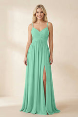 Cami Strap Chiffon A - Line Bridesmaid Dress with Slit in Turquoise - KissProm Bridesmaid Dresses