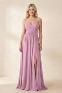 Cami Strap Chiffon A - Line Bridesmaid Dress with Slit in Vintage Mauve - KissProm Bridesmaid Dresses