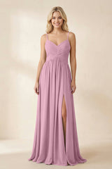 Cami Strap Chiffon A - Line Bridesmaid Dress with Slit in Vintage Mauve - KissProm Bridesmaid Dresses