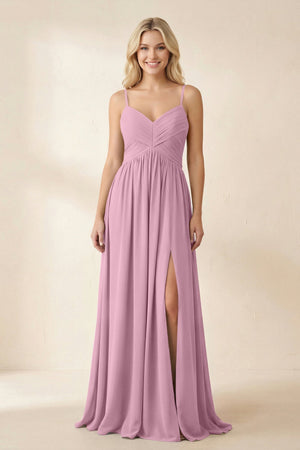 Cami Strap Chiffon A - Line Bridesmaid Dress with Slit in Vintage Mauve - KissProm Bridesmaid Dresses