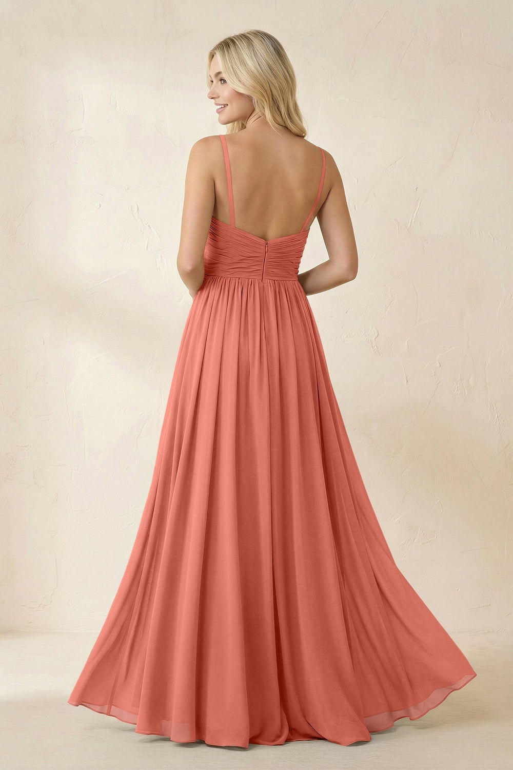 Cami Strap Chiffon A - Line Bridesmaid Dress with Slit in Wild Rose - KissProm Bridesmaid Dresses