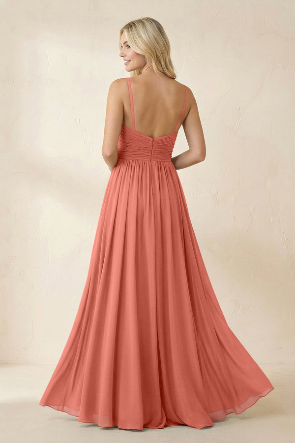 Cami Strap Chiffon A - Line Bridesmaid Dress with Slit in Wild Rose - KissProm Bridesmaid Dresses