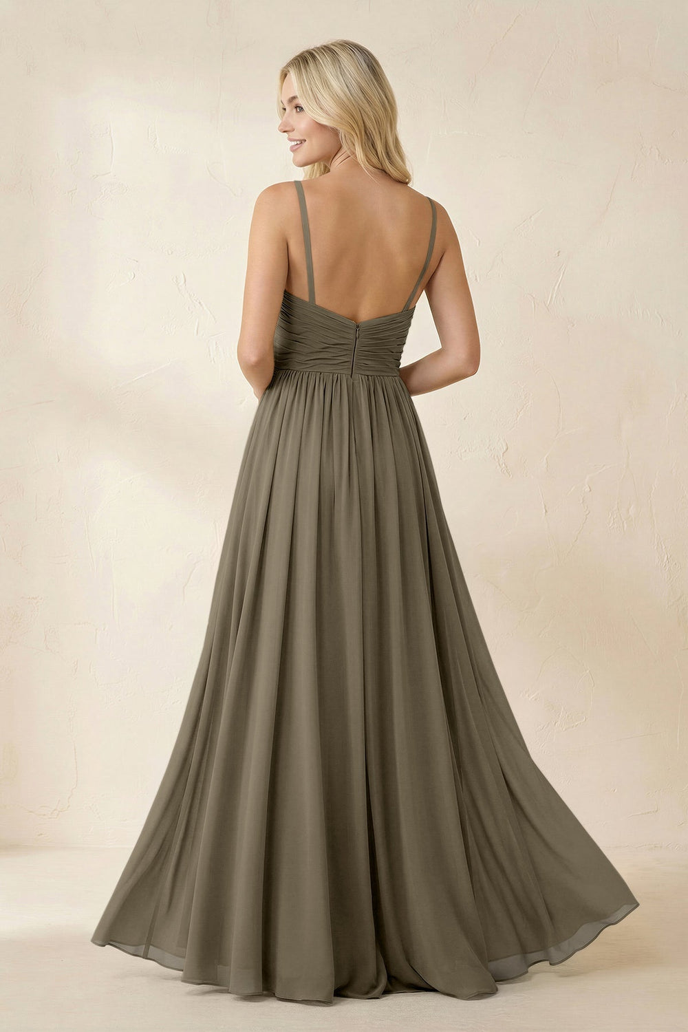 Cami Strap Chiffon A - Line Bridesmaid Dress with Slit in Willow Green - KissProm Bridesmaid Dresses