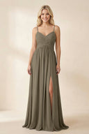 Cami Strap Chiffon A - Line Bridesmaid Dress with Slit in Willow Green - KissProm Bridesmaid Dresses