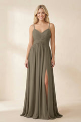 Cami Strap Chiffon A - Line Bridesmaid Dress with Slit in Willow Green - KissProm Bridesmaid Dresses