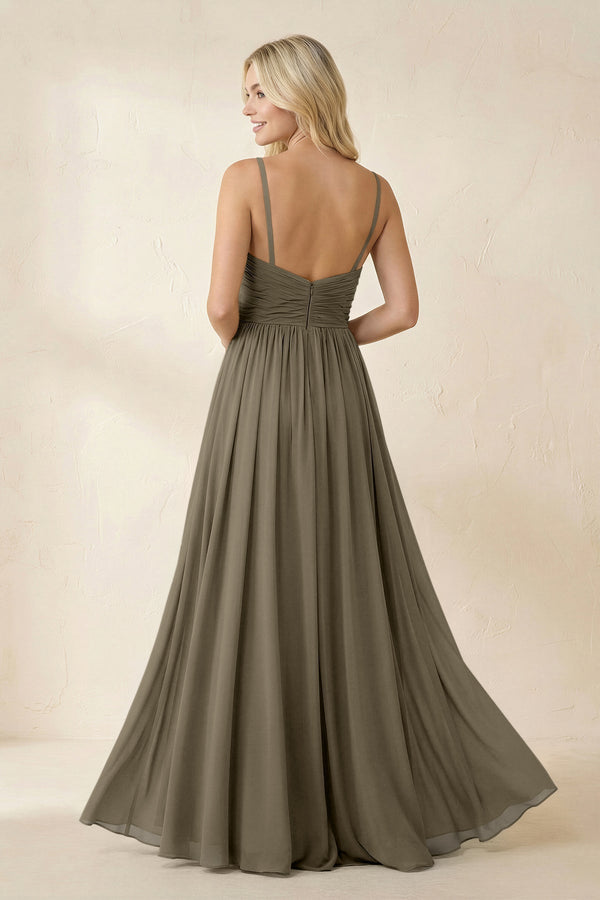 Cami Strap Chiffon A - Line Bridesmaid Dress with Slit in Willow Green - KissProm Bridesmaid Dresses
