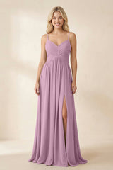 Cami Strap Chiffon A - Line Bridesmaid Dress with Slit in Wisteria - KissProm Bridesmaid Dresses