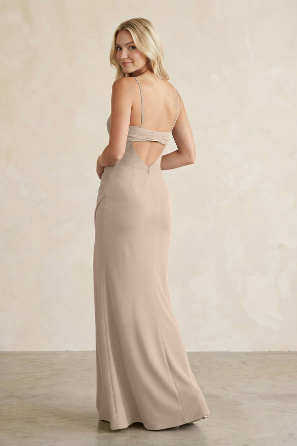 Cami Strap Chiffon Sheath Bridesmaid Dress with Slit in Almond - KissProm Bridesmaid Dresses