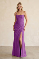Cami Strap Chiffon Sheath Bridesmaid Dress with Slit in Amethyst - KissProm BRIDESMAID DRESSES