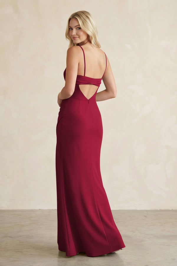 Cami Strap Chiffon Sheath Bridesmaid Dress with Slit in Berry - KissProm BRIDESMAID DRESSES