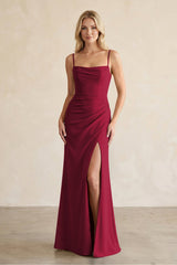 Cami Strap Chiffon Sheath Bridesmaid Dress with Slit in Berry - KissProm BRIDESMAID DRESSES