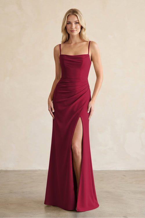 Cami Strap Chiffon Sheath Bridesmaid Dress with Slit in Berry - KissProm BRIDESMAID DRESSES