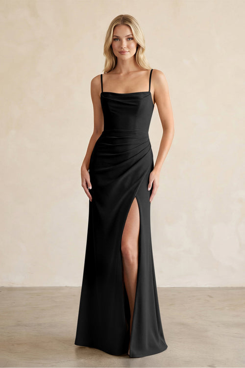 Cami Strap Chiffon Sheath Bridesmaid Dress with Slit in Black - KissProm BRIDESMAID DRESSES