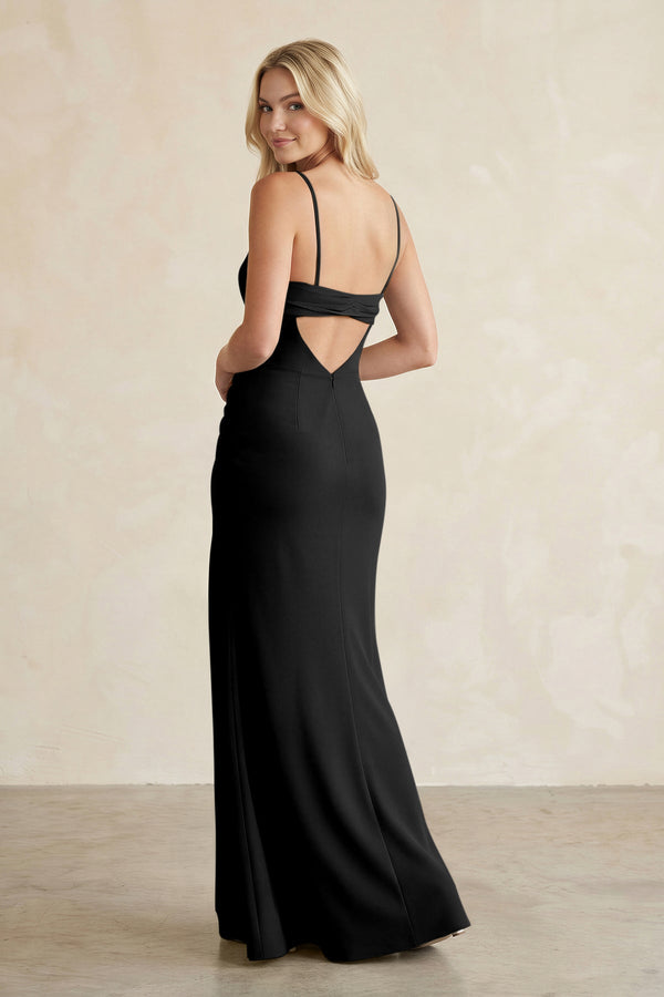 Cami Strap Chiffon Sheath Bridesmaid Dress with Slit in Black - KissProm BRIDESMAID DRESSES