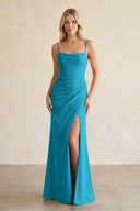 Cami Strap Chiffon Sheath Bridesmaid Dress with Slit in Blue Jay - KissProm BRIDESMAID DRESSES