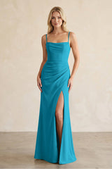 Cami Strap Chiffon Sheath Bridesmaid Dress with Slit in Blue Jay - KissProm BRIDESMAID DRESSES