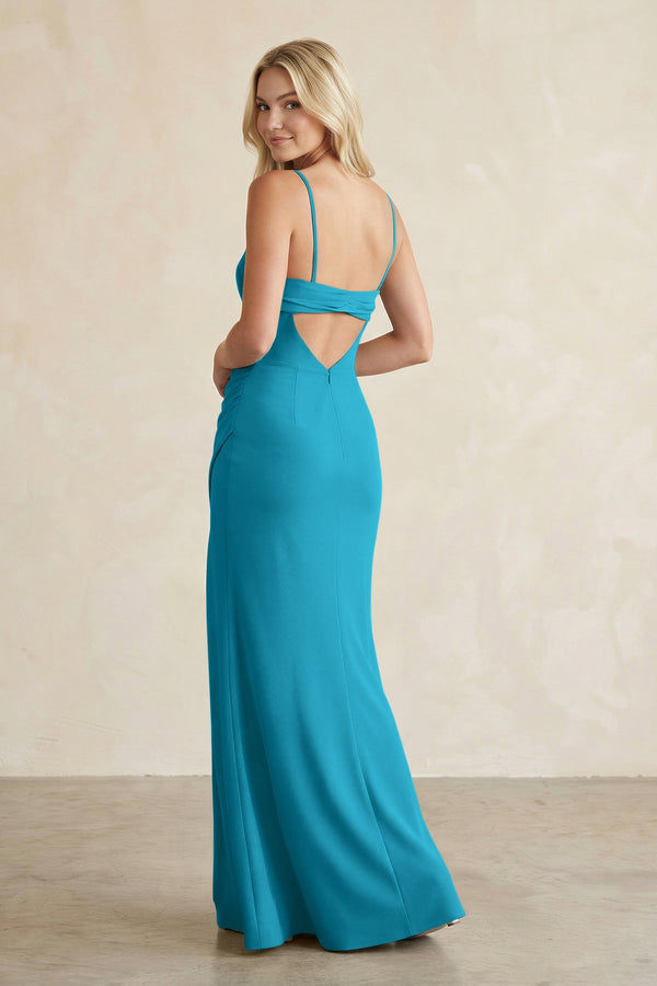 Cami Strap Chiffon Sheath Bridesmaid Dress with Slit in Blue Jay - KissProm BRIDESMAID DRESSES